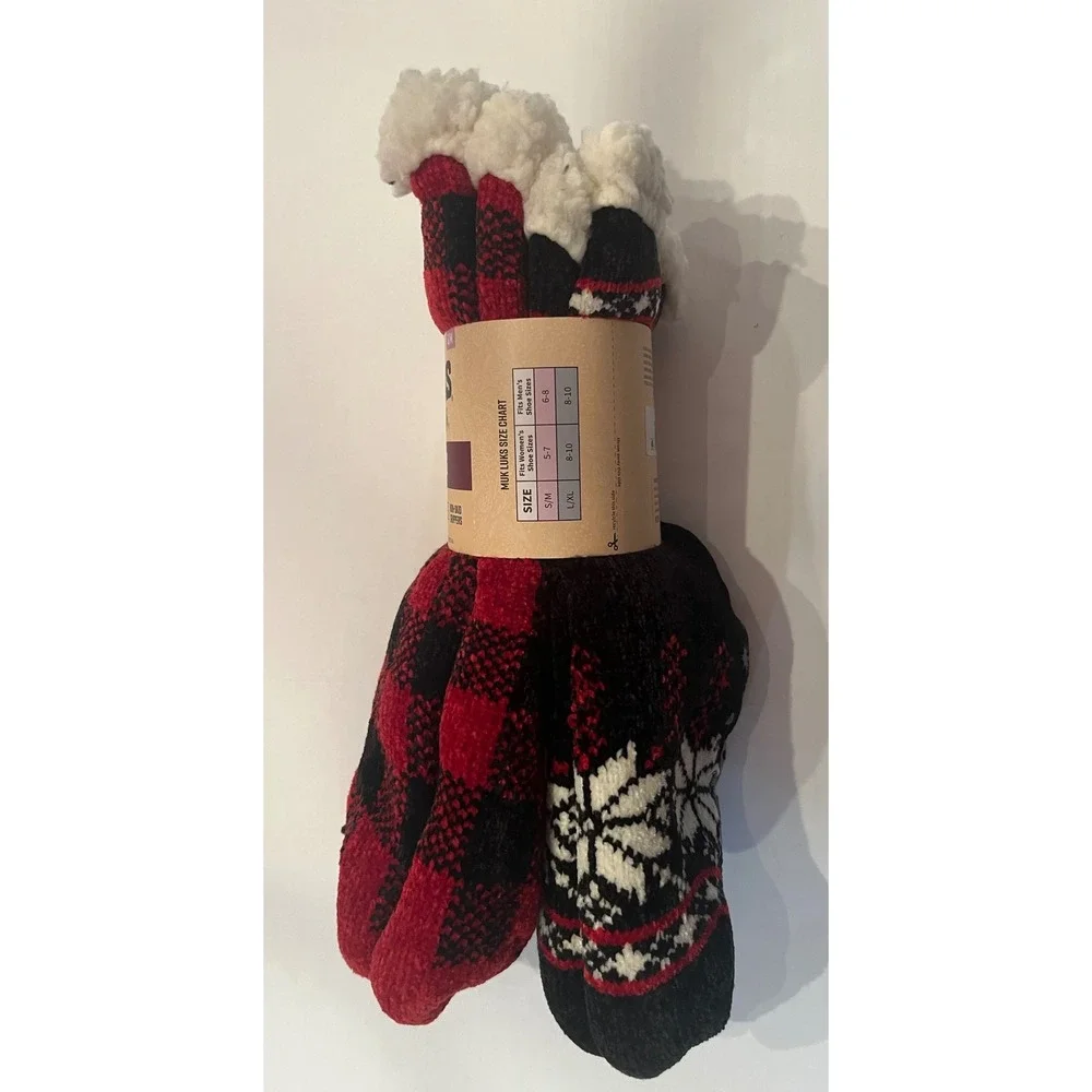Muk Luks 2 Pair Cozy Cabin Socks Unisex Size S/M Recycled Material Non-Skid Grip